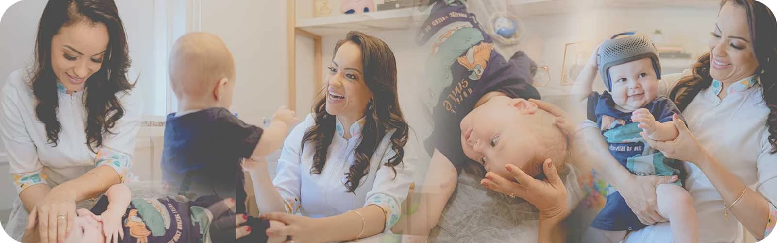 Colagem de fotos da Dra. Ligiane Gama em atendimentos de osteopatia pediátrica com bebês, incluindo o uso de capacete craniano
